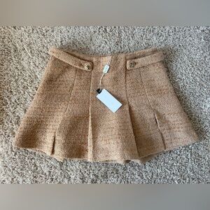 Astr Camel Bouclé Pleated Mini Skirt with Gold Buttons